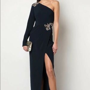 marchesa one sleeve navy gown